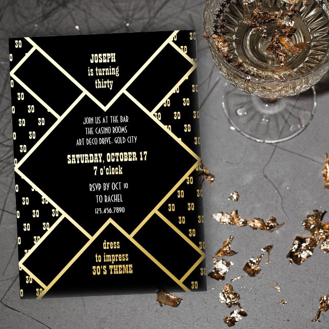 Invitation En Aluminium Fête d'anniversaire des adultes n'importe quel âge (Gold Foil Invitation for Any Age Adult Birthday Party with black and white western art deco theme)