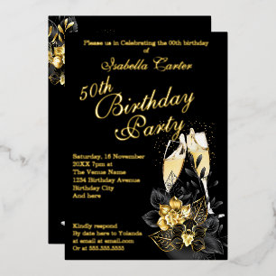 Invitation En Aluminium Fête d'anniversaire élégante florale exotique noir