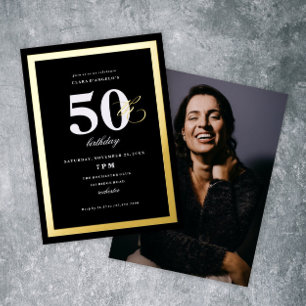 Invitation En Aluminium Fête d'anniversaire élégante noire 50 ans or