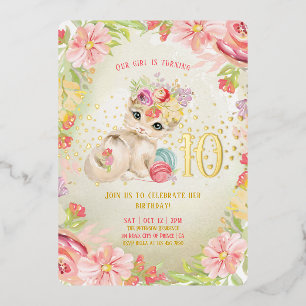 Invitation En Aluminium Fête d'anniversaire Fille Chat Bébé Aquarelle Fleu