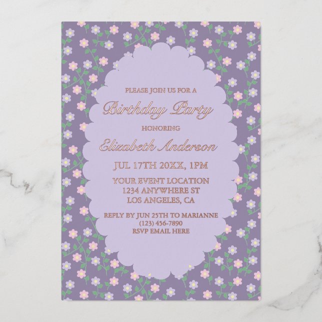 Invitation En Aluminium Fête d'anniversaire fleurs violettes (Recto)