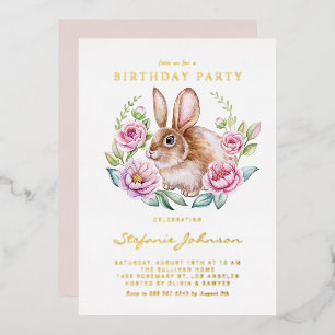 Invitation En Aluminium Fête d'anniversaire Lapin à l'aquarelle et fleurs