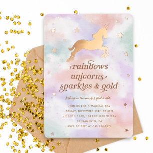 Invitation En Aluminium Fête d'anniversaire licorne pastel or en arc-en-ci