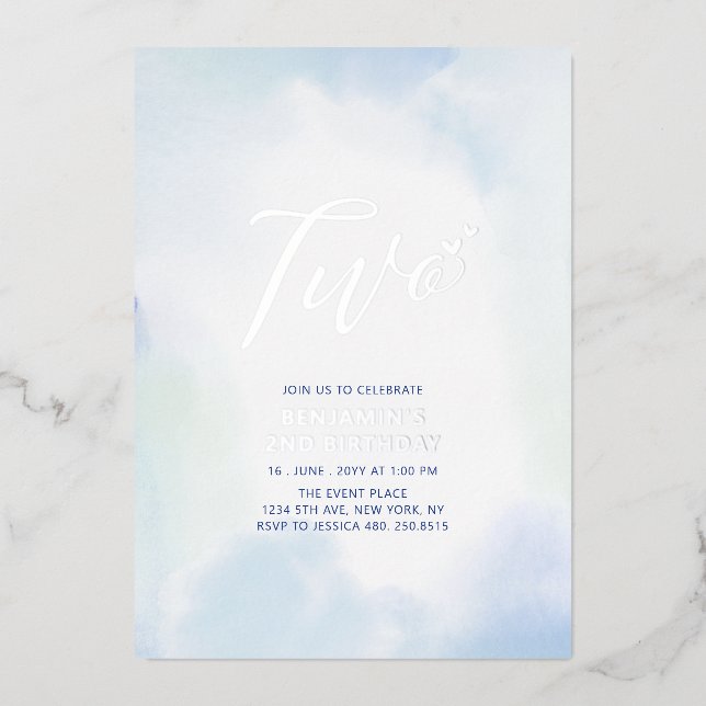 Invitation En Aluminium Fête d'anniversaire pour garçon 2 ans Silver & Blu (Recto)
