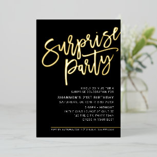 Invitation En Aluminium FÊTE D'ANNIVERSAIRE SURPRISE écriture moderne noir
