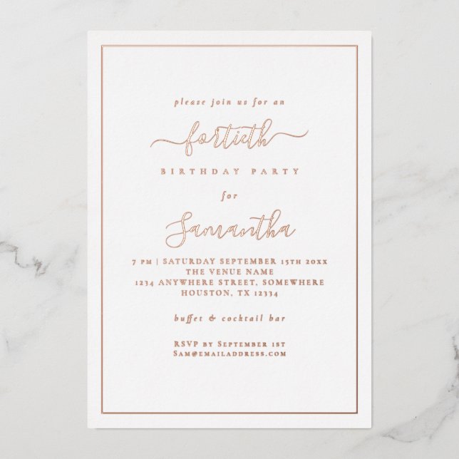Invitation En Aluminium Fête de 40 ans Luxe Bordure Écriture Élégante (Recto)