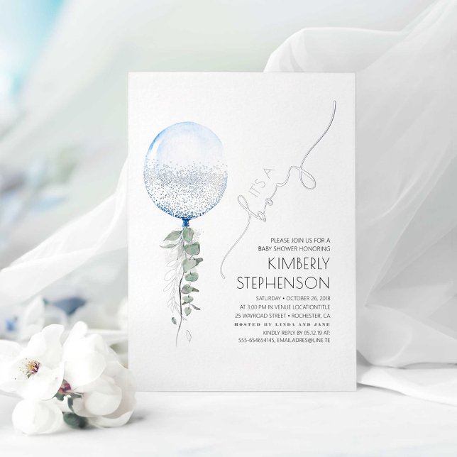 Invitation En Aluminium Fête de bébé ballon de verdure bleu et argent (It's a Boy - Blue and Silver Greenery Balloon Garland Baby Shower Invitations in Real Foil)