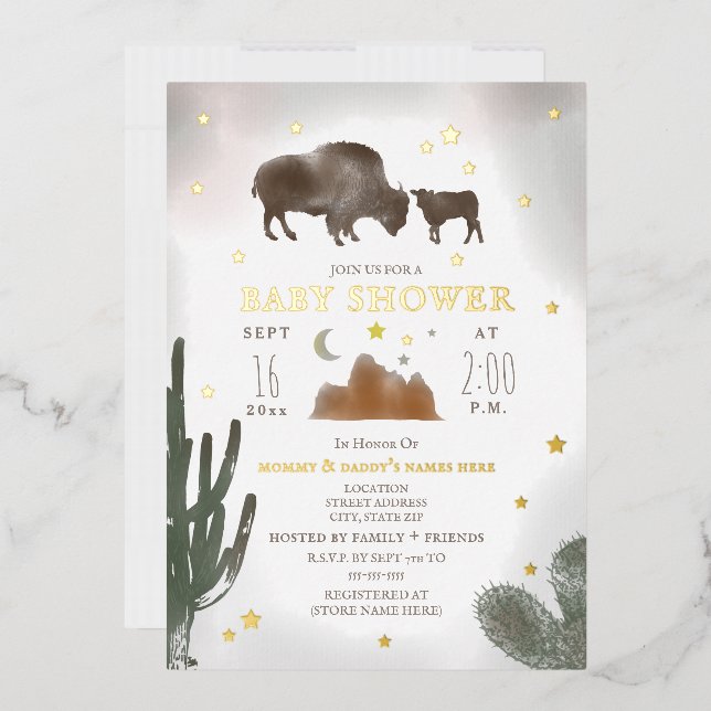 Invitation En Aluminium Fête de bébé Cactus Bison de Buffalo Étoiles du dé (Enveloppe)