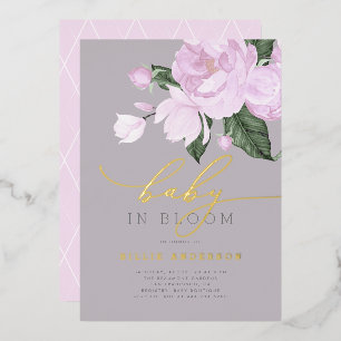 Invitation En Aluminium Fête de bébé Fleurs de Lavande Grise en Or