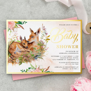 Invitation En Aluminium Fête de Bébé Florale Cerf et Biche Or