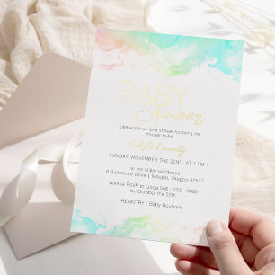 Invitation En Aluminium Fête de bébé Nuages Arc-en-ciel Colorés en Feuille