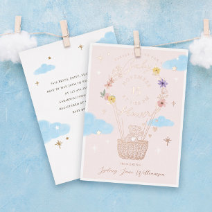 Invitation En Aluminium Fête de bébé ours en peluche montgolfière florale