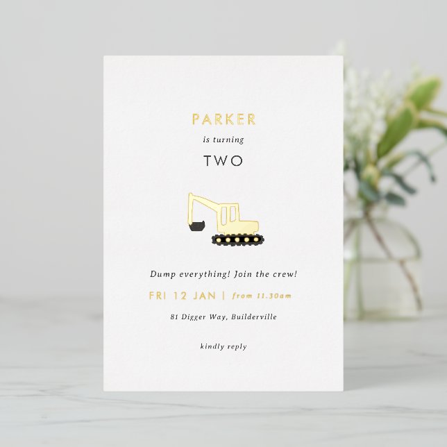Invitation En Aluminium Fête de construction Digger Foil Anniversaire Invi (Debout devant)