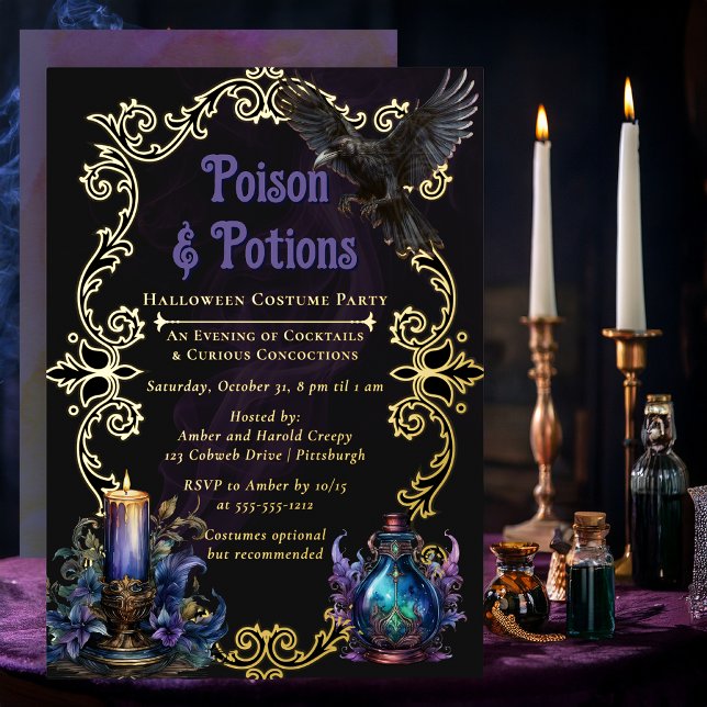 Invitation En Aluminium Fête de Costume d'Halloween Poisons & Potions (Elegant Poison & Potions Halloween costume party foil invitation)