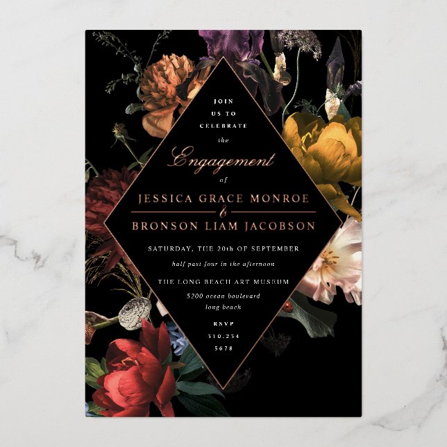 Invitation En Aluminium Fête de fiançailles florale romantique sombre (Recto)