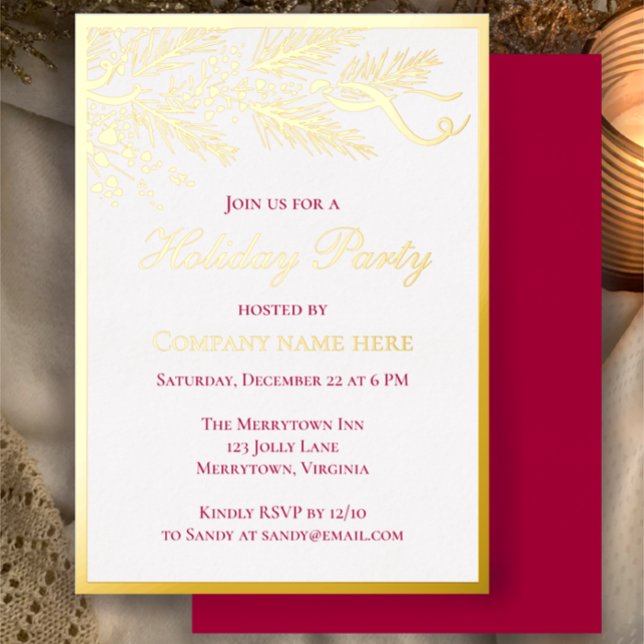 Invitation En Aluminium Fête de fin d'année botanique rouge élégant d'entr (Customize this template for a business holiday party invitation. Elegant unique gold foil invitation)