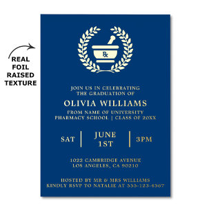 Invitation En Aluminium Fête de fin d'études de pharmacie Navy et Or