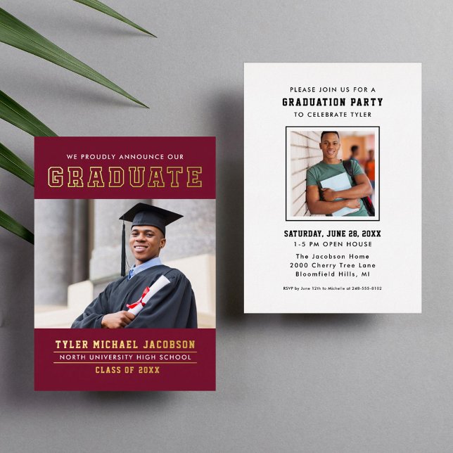 Invitation En Aluminium Fête de graduation de l'or rouge moderne (Créateur téléchargé)