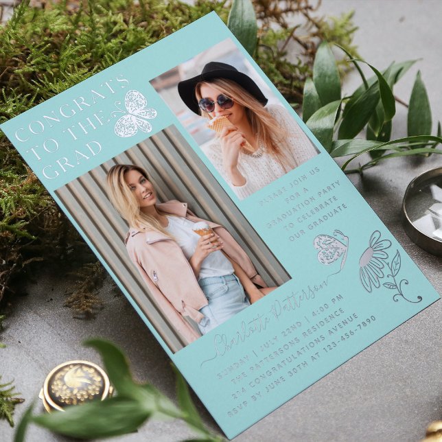 Invitation En Aluminium Fête de graduation photo papillon d'argent moderne (Créateur téléchargé)