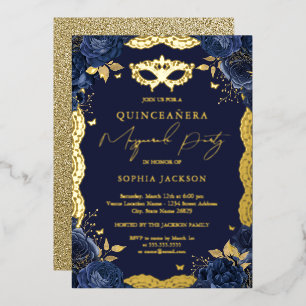 Invitation En Aluminium Fête de Mascarade Navy Fleurs de Dentelle Quincean