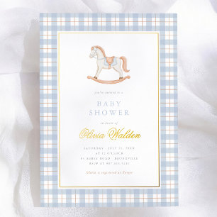 Invitation En Aluminium Fête de naissance Cheval à Bascule Gingham Bleu Vi