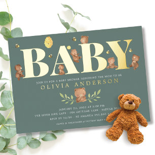 Invitation En Aluminium Fête de naissance de l'ours au miel vert