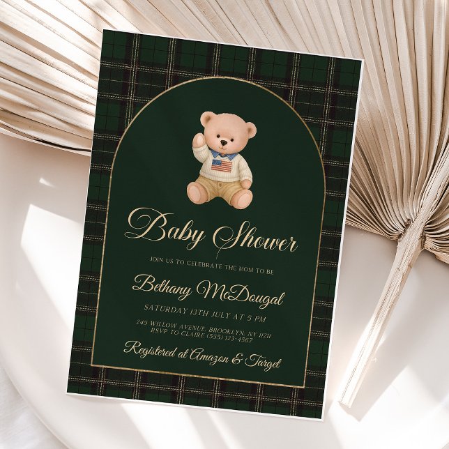 Invitation En Aluminium Fête de naissance préppy Tartan Ours Polo (polo bear invitation, green tartan baby shower, preppy baby shower, foil invitation, classic baby sh)