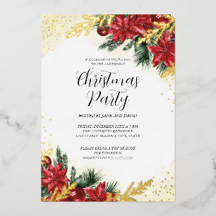 Invitation En Aluminium Fête de Noël avec feuillage doré rouge scintillant