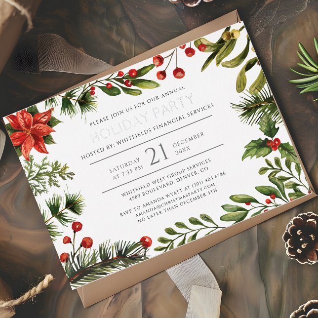 Invitation En Aluminium Fête de Noël botanique moderne Argent (Christmas Holidays Botanical Corporate Party Invitation)