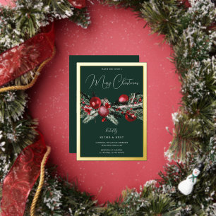 Invitation En Aluminium Fête de Noël classique verte avec bordure dorée