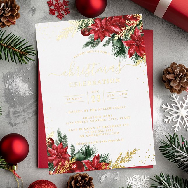 Invitation En Aluminium Fête de Noël de la feuille d'or rouge (Créateur téléchargé)