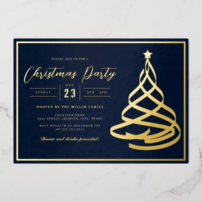 Invitation En Aluminium Fête de Noël de l'Arbre d'Or Elegant de la Marine (Recto)