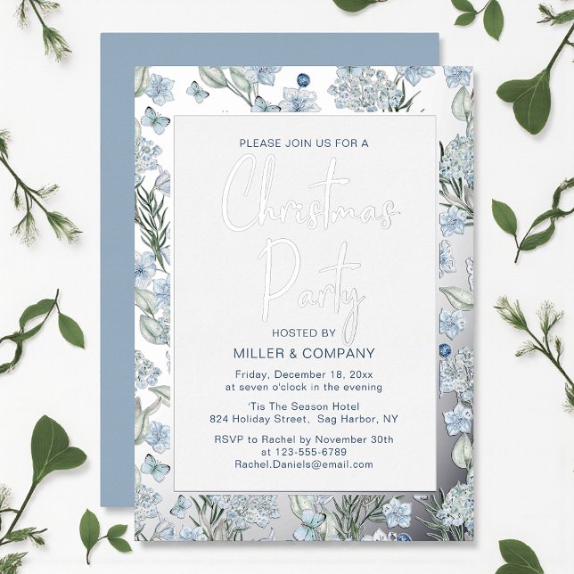 Invitation En Aluminium Fête de Noël d'entreprise Bleu papillon Floral (Créateur téléchargé)