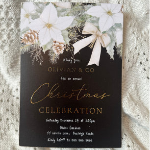 Invitation En Aluminium Fête de Noël d'entreprise Floral Blanc Noir Or