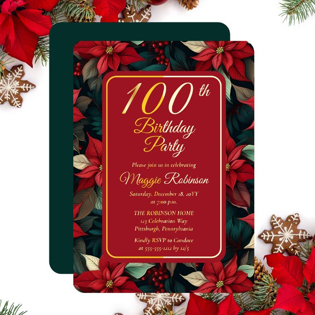Invitation En Aluminium Fête de Noël Fête Florale 100e fête d'anniversaire (Elegant Dark and Moody Poinsettias Christmas and Holiday 100th Birthday Party Gold Foil Invitation)