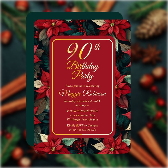 Invitation En Aluminium Fête de Noël Fête Florale 90e fête d'anniversaire (Elegant Dark and Moody Poinsettias Christmas and Holiday 90th Birthday Party Gold Foil Invitation)