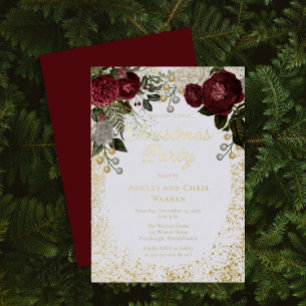 Invitation En Aluminium Fête de Noël Fleur de Rose Burgundy Glam 