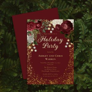 Invitation En Aluminium Fête de Noël Fleur de Rose Glam Bourgogne