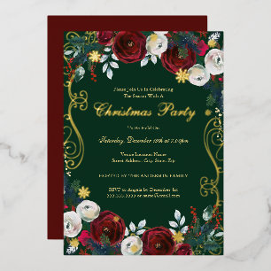 Invitation En Aluminium Fête de Noël Florale Rouge Vert Or en Spirale
