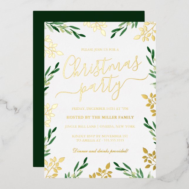Invitation En Aluminium Fête de Noël Green Gold Leaf (Recto/Verso)
