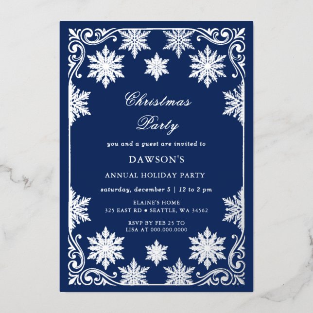 Invitation En Aluminium Fête de Noël Navy Silver Snowflakes (Recto)