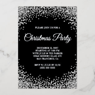 Invitation En Aluminium Fête de Noël noire avec bordure pailletée argentée