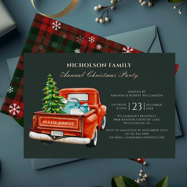 Invitation En Aluminium Fête de Noël Plaid Rustique Or (Classic Red Truck Christmas Party Invitation Gold Foil Card)