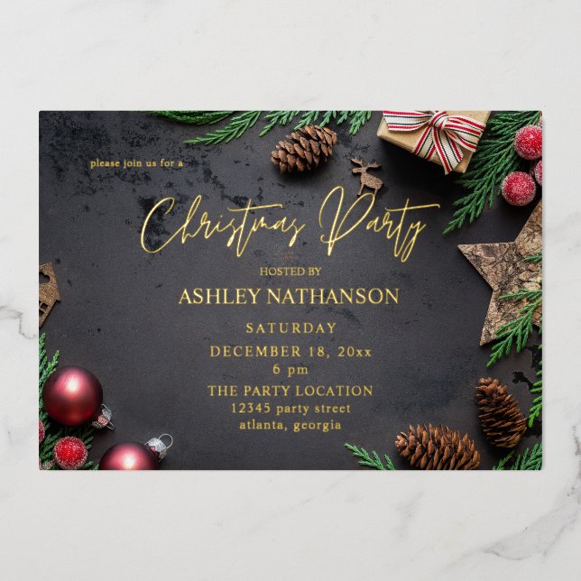 Invitation En Aluminium Fête de Noël rustique Renne & Pin (Recto)