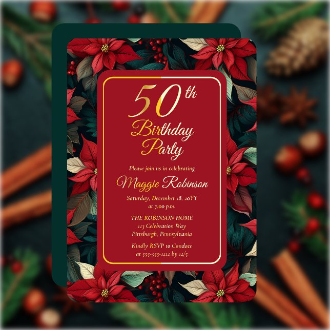 Invitation En Aluminium Fête de Noël sombre Floral 50e fête d'anniversaire (Elegant Dark and Moody Poinsettias Christmas and Holiday 50th Birthday Party Gold Foil Invitation)