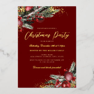 Invitation En Aluminium Fête de Noël traditionnelle avec feuillage doré sc