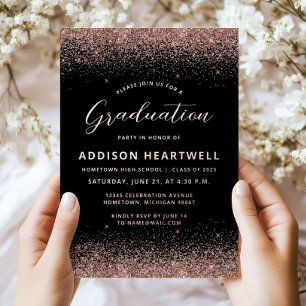 Invitation En Aluminium Fête de remise des diplômes Rose Gold Glitter Noir