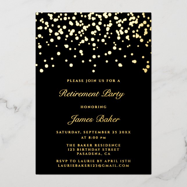 Invitation En Aluminium Fête de retraite Elegant Script Noir & Or (Recto)