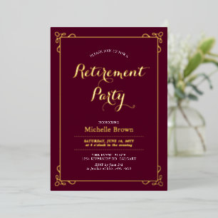 Invitation En Aluminium Fête de retraite élégante et classe Or et Bourgogn