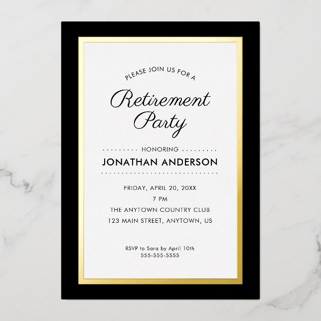 Invitation En Aluminium Fête de retraite Noir et Or  (Recto)